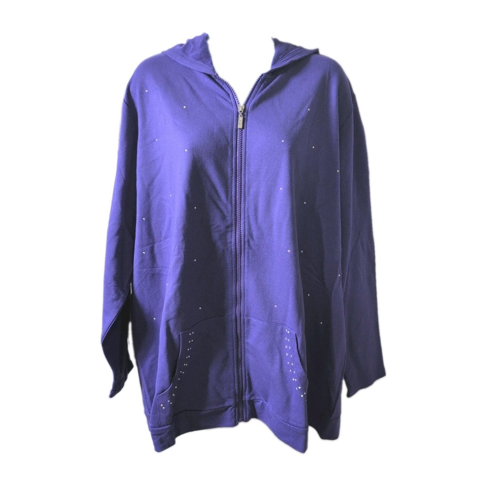 Quacker Factory Women 2X Purple Rhinestone Embellished Zip Up Hooded Jacket New